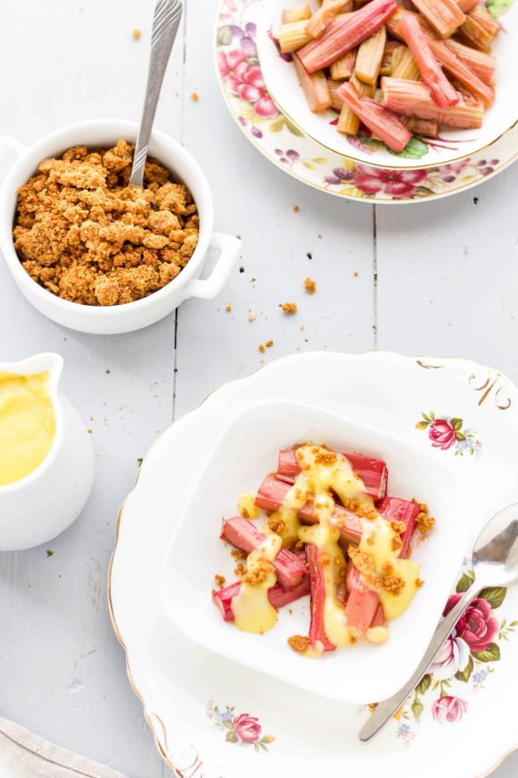 Low FODMAP Roast Rhubarb with Custard And Ginger Crumbs