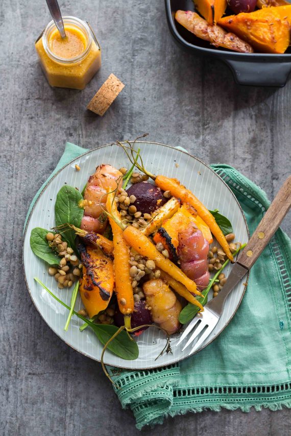 Low FODMAP Orange Miso Roast Veggie & Lentil Salad