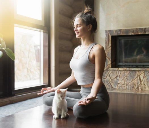 Girl Practising Yoga for IBS with Kitten